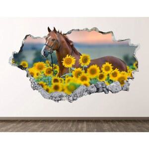 말들이 해바라기 밭 벽 데칼 아트 데코 3D 박살 이미지 스티커 포스터 룸 벽화 맞춤 선물 BL1384 (70인치 W x 40인치 H)