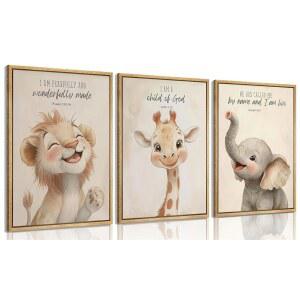 3PCS 액자 성경 구절 크리스천 보육원 사파리 동물 벽 아트 차일드 오브 갓 귀여운 동물 그림 벽 장식 사자 기린 코끼리 포스터 소년 소녀 방 홈 데코레이션을 위한 프린트 아트워크