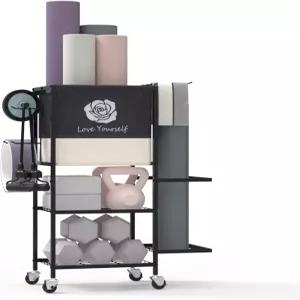 요가 매트 보관 랙 홈 체육관 운동 기구 피트니스 웨이트 온 휠 블록 폼 롤러 저항 밴드 덤프벨 케틀벨 및