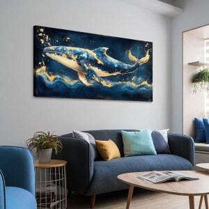 제아와 대형 캔버스 월 아트 24x48 인 오션 블루 고래 동물 그림 인쇄 손으로 그린 금박 질감의 멋진 벽 그림 거실 침실 주방 서재 홈 포스터 장식