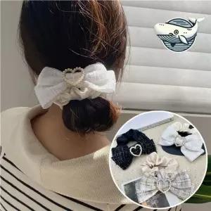 하트진주 트위드 리본 헤어 악세서리 스타일리시 머리끈세트 곱창밴드 쉬폰곱창끈