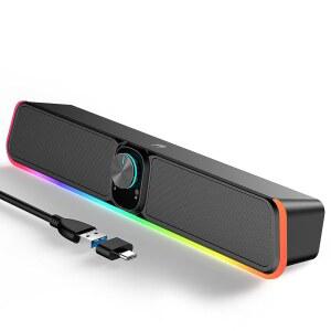 BUSPHYY 컴퓨터 스피커 - RGB 및 볼륨 노브가 장착된 유선 USB POWER LOGIC 블루투스 사운드 바 데스크톱 모니터 PC 노트북 태블릿 Mac Air / Pro용 하이파이 스테레오 휴대용 게임