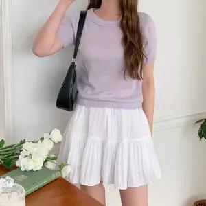 [하프클럽/]여자 U넥 아방 세미크롭 반소매 프릴 물결 니트