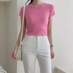[하프클럽/]여자 라운드넥 골지 슬림핏 밑단 레이스 반팔T
