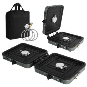 7월 모다 2 버너 프로판 캠핑 스토브(그릴과 휴대용 가방 포함), 배낭여행, 피크닉, 야외 요리를 위한 17 000 BTU 조절 가능한 포함 접이식 캠프 스토브