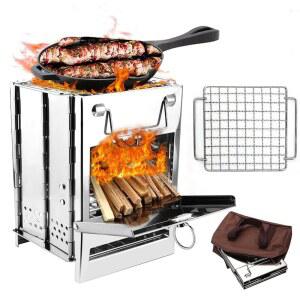 그릴이 있는 접이식 캠핑 우드 버닝 스토브, 백팩 생존 스토브 스테인리스 스틸 캠프파이어 야외 요리 피크닉 하이킹 바비큐(Sliver-Large)