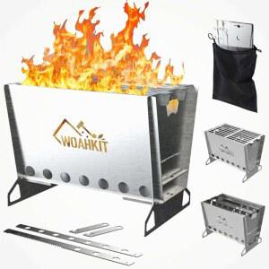 WOAHKIT 캠핑 우드 버닝 스토브 그릴, 휴대용 접이식 배낭 생존, 야외 요리 하이킹 피크닉 바비큐를 위한 스테인리스 스틸 캠프파이어