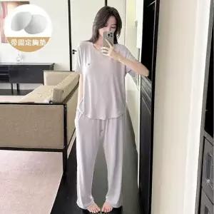 수피 캐주얼 여름 긴바지 솔리드 잠옷세트 패드 라운드 편안한 끈 커플 소프트 반팔 파자마 JEN2