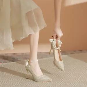 여자 않는 펌프스 단화 굽이 하이힐 체인 스팽글 가보시 리본 진주 샴페인 프렌치 힐 지치지 OP5