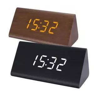 [셀러에이드]WL 심플 원목무늬 LED 탁상용 삼각 알람시계 무소음 클락