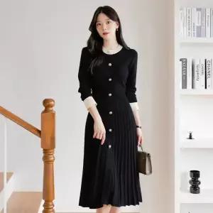~XXL까지 자엘르 배색 진주버튼 플리츠 니트원피스 가을 하객룩 오피스룩 모임룩 격식룩 빅사이즈1233655