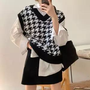 데일리 여성 니트 베스트 하운드 체크 여자 니트조끼 니트베스트