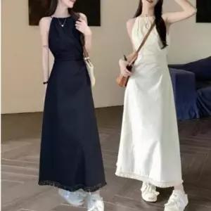 바캉스 홀터넥 드레스 허리 뒷트임 롱 시스루 원피스