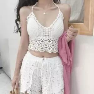 여성 레이스 홀터넥 나시 숏 팬츠 세트 휴양지 바캉스룩 비치웨어