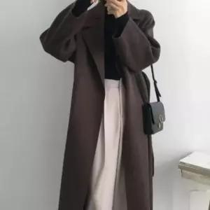 허리끈코트 카라 허리끈 클래식한 디자인 여성 모직 롱코트