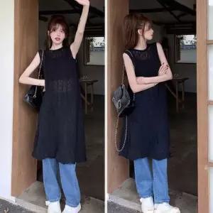 레이어드 코디 시스루 롱 조끼 원피스 뒷트임 여름