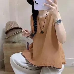 여사친 여름 빈티지 핸드메이드 나시 풀오버 조끼 톱 리넨 솔리드 레이어드 OP2