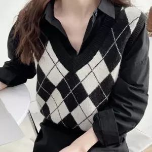 레이어드룩 아가일 모던심플 여성베스트 조끼