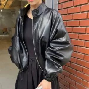 스포티 캐주얼 여성 오버핏 레더 라이더 벌룬 자켓