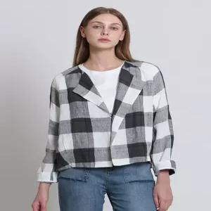 [보니스팍스][보니스팍스(Bonispax)] 노 카라 린넨 체크 숏 자켓 (택가격 239000원)