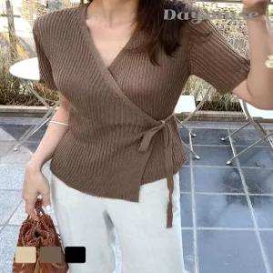 [모어오브]세비지 랩 반팔 니트 브이넥 골지 스웨터 탑