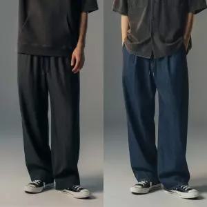 남성 핀턱 와이드 데님 여름 밴딩 고무줄팬츠