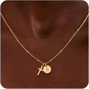 엄마 딸을 위한 투란도스 어머니의 날 선물 다인티 14K 골드 도금 디스크 초기 A-Z 크로스 펜던트 목걸이