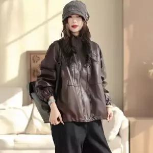 여성용 봄 집업 점퍼 트렌디 야구 PU가죽 하이넥 코트 아이템 빅사이즈 스트링 항공 HT1