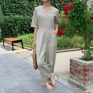 [하프클럽/]여자 핀턱 스트랩 마원단 V넥 반소매 점프슈트