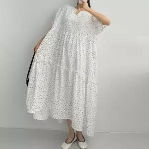 [하프클럽/옷자락]여자 여름 잔꽃무늬 빅사이즈 퍼프반팔 프릴 롱원피스