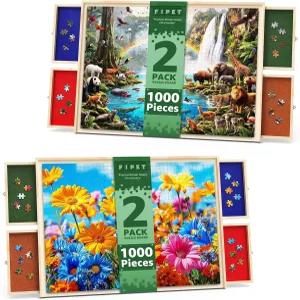 서랍과 커버가 있는 회전 퍼즐 보드 2팩 - 1000피스 휴대용 직소 성인 및 가족 홈 엔터테인먼트용 경량