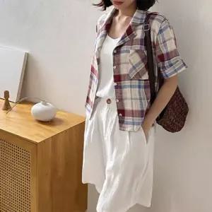 [다잇템]여자 배색 체크 포켓 단추 여름 린넨 미니 자켓
