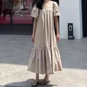 [다잇템]여자 에이라인 민무늬 잔주름 티어드 반소매 후레아 롱원피스