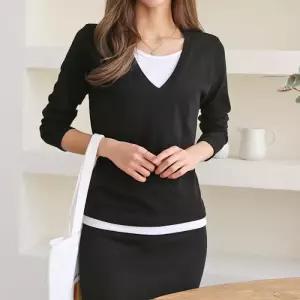 [다잇템]여자 일자 FW SS 민무늬 긴치마 브이넥티셔츠 세트