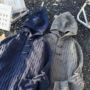 니트 빈티지 남성용 솔리드 소뿔 스웨터 후드집업 후드 점퍼 커플 꽈배기 기모 원픽1