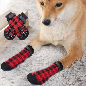 4개 세트 통기성 미끄럼 방지 강아지 양말 면 소재 부드러운 발 보호 패턴이 있는 따뜻한 겨울용 애완동물
