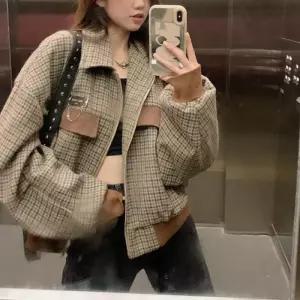 [디어로우]오드니 코듀로이 배색 체크 집업 자켓