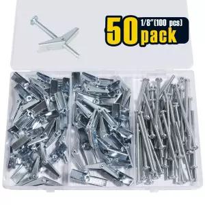 50팩 1/8인치 드라이월용 토글 볼트 헤비 듀티 금속 드라이월 앵커 키트 드라이월 앵커 및 나사 키트