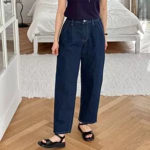 여자 핀턱 진청 배기진 넓은 백밴딩 청바지