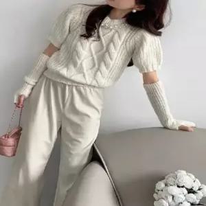 러블리 꽈배기 펄 반팔 니트 + 토시 SET