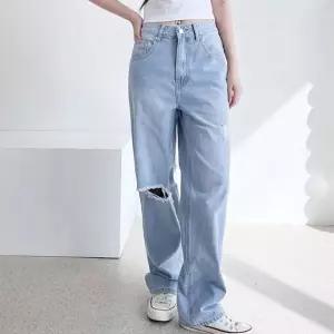 [하프클럽/]여자 하이웨스트 레그 와이드핏 찢어진 데님 청바지