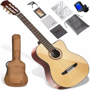 AKLOT 39인치 컷어웨이 클래식 기타 풀사이즈 바디 마호가니 백 앤 사이드 스프루스 탑 나일론 및 스틸