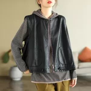 여성조끼 가을 앤티크 블랙 민소매 PU가죽 베스트 빅사이즈 집업 조끼 심쿵돌직구