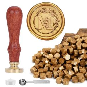 Yoption 레터 왁스 씰 키트 화환 알파벳 앤티크 이니셜 골드 M 120개 스탬프가 빈티지 있는 비드