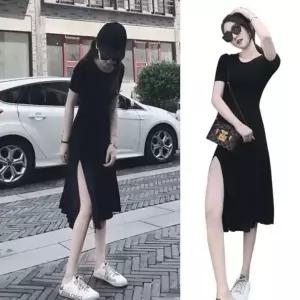 [하프클럽/]블랙 롱 원피스 여름 옆트임 반소매 원마일 데일리