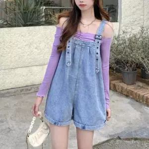 [하프클럽/]여성 와이드 데님 멜빵 반바지 1P 캐주얼 패션 팬츠