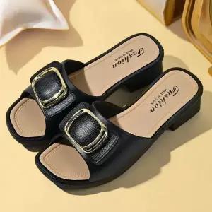 [하프클럽/]고급 세련 스타일 여성 오픈토 버클 미들힐 슬리퍼