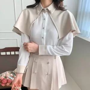 [옷자락]여자 진주버튼 카라 배색 케이프 콩단추 흰색 블라우스