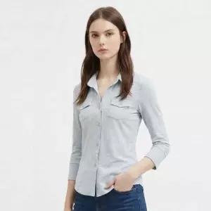 여성 오픈 카라넥 스판 앞포켓 슬림 7부 티셔츠 EGG-WSH-21206-그레이