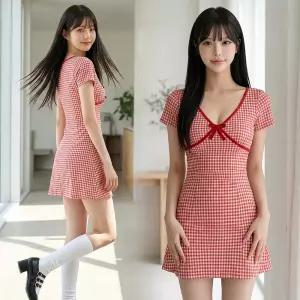 쥬쥬리본원피스 체크 미니 반팔 레트로 여름 A라인